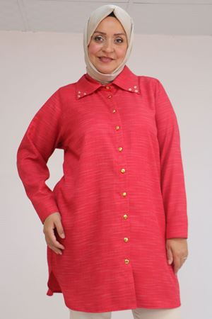 58094 Büyük Beden Düğmeli Yakası Detaylı Tunik - Kırmızı Kırçıllı