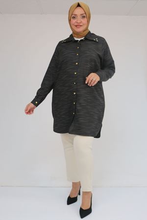 58094 Büyük Beden Düğmeli Yakası Detaylı Tunik - Siyah Kırçıllı