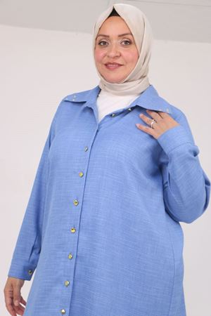 58094 Büyük Beden Düğmeli Yakası Detaylı Tunik - İndigo Kırçıllı