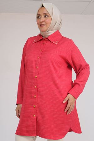 58094 Büyük Beden Düğmeli Yakası Detaylı Tunik - Kırmızı Kırçıllı