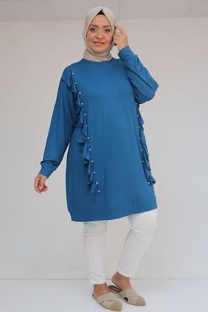 58074 Büyük Beden Fırfır Ve Taş Detaylı Penye Tunik - Petrol