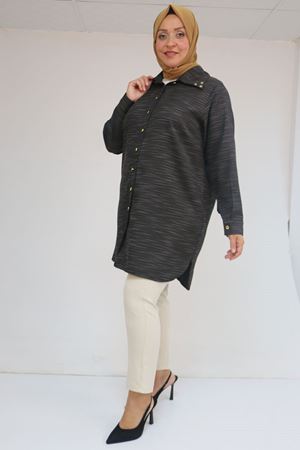 58094 Büyük Beden Düğmeli Yakası Detaylı Tunik - Siyah Kırçıllı
