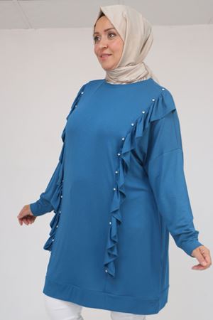 58074 Büyük Beden Fırfır Ve Taş Detaylı Penye Tunik - Petrol