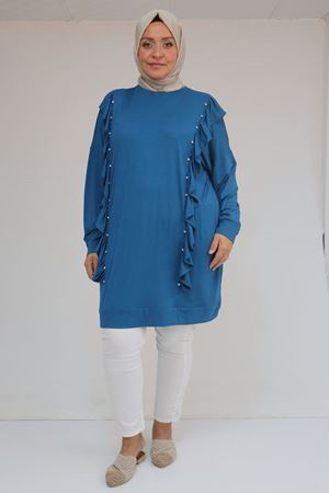 58074 Büyük Beden Fırfır Ve Taş Detaylı Penye Tunik - Petrol
