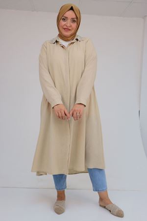 58102 Büyük Beden Taş Baskı Detaylı Keten Mevlana Tunik - Bej