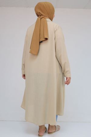 58102 Büyük Beden Taş Baskı Detaylı Keten Mevlana Tunik - Bej