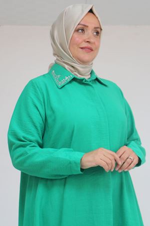 58102 Büyük Beden Taş Baskı Detaylı Keten Mevlana Tunik - Beneton