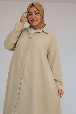 58102 Büyük Beden Taş Baskı Detaylı Keten Mevlana Tunik - Bej