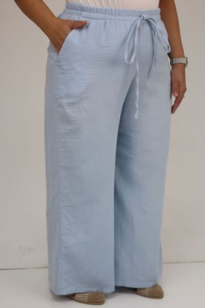 59021 Büyük Beden Beli Lastikli Müslin Bol Paça Pantolon - Açık Mavi
