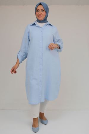 48058 Büyük Beden Düğmeli Müslin Gömlek - Buz Mavi
