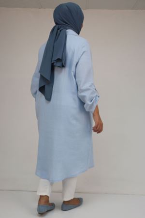 48058 Büyük Beden Düğmeli Müslin Gömlek - Buz Mavi