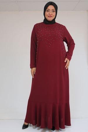 52025 Büyük Beden Etek Ucu Volanlı Taş Detaylı Elbise - Bordo