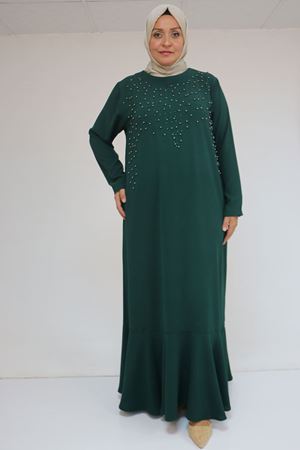 52025 Büyük Beden Etek Ucu Volanlı Taş Detaylı Elbise - Zümrüt