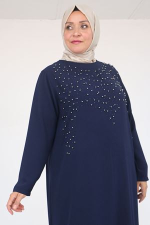 52025 Büyük Beden Etek Ucu Volanlı Taş Detaylı Elbise - Lacivert