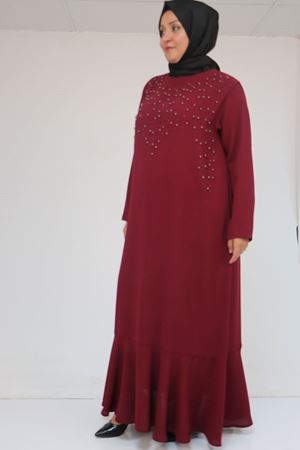 52025 Büyük Beden Etek Ucu Volanlı Taş Detaylı Elbise - Bordo