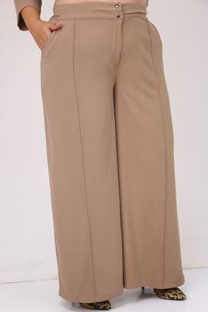 57053 Büyük Beden Eteği Oval Pantolonlu Krep Takım - Vizon