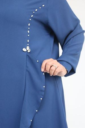 52016 Büyük Beden Önü Fırfırlı Taş Detaylı Krep Elbise - İndigo