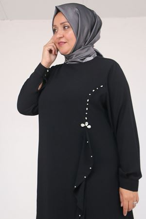 52016 Büyük Beden Önü Fırfırlı Taş Detaylı Krep Elbise - Siyah