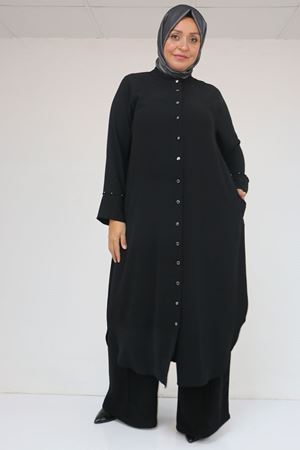 57053 Büyük Beden Eteği Oval Pantolonlu Krep Takım - Siyah