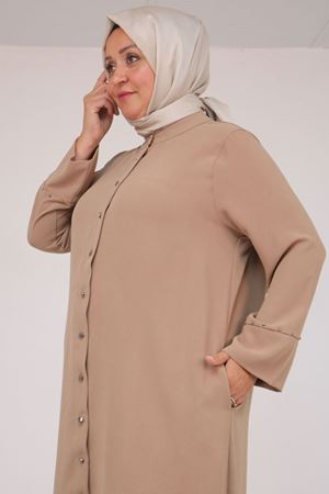 57053 Büyük Beden Eteği Oval Pantolonlu Krep Takım - Vizon