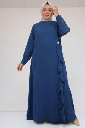 52016 Büyük Beden Önü Fırfırlı Taş Detaylı Krep Elbise - İndigo