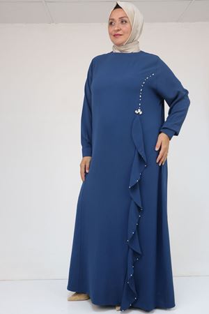 52016 Büyük Beden Önü Fırfırlı Taş Detaylı Krep Elbise - İndigo