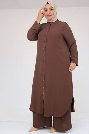 57053 Büyük Beden Eteği Oval Pantolonlu Krep Takım - Kahve