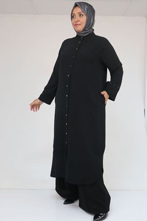 57053 Büyük Beden Eteği Oval Pantolonlu Krep Takım - Siyah