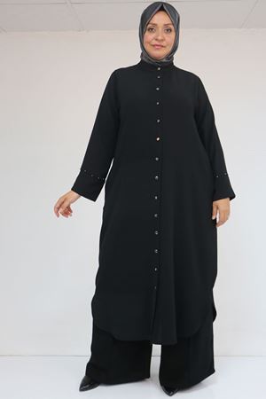 57053 Büyük Beden Eteği Oval Pantolonlu Krep Takım - Siyah