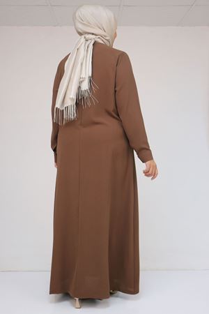 52016 Büyük Beden Önü Fırfırlı Taş Detaylı Krep Elbise - Kahve