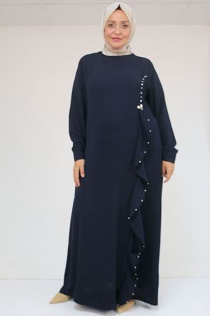 52016 Büyük Beden Önü Fırfırlı Taş Detaylı Krep Elbise - Lacivert