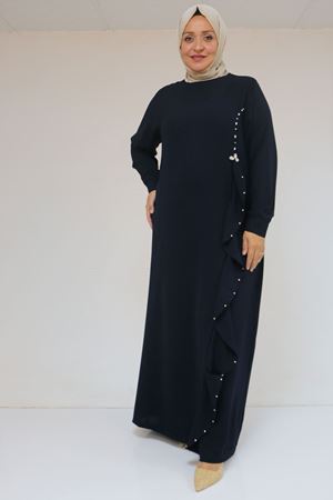 52016 Büyük Beden Önü Fırfırlı Taş Detaylı Krep Elbise - Lacivert