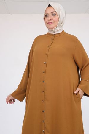 57053 Büyük Beden Eteği Oval Pantolonlu Krep Takım - Taba