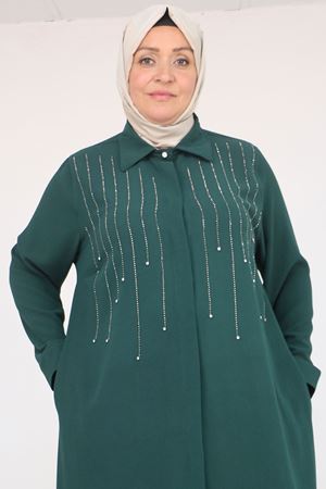 56018 Büyük Beden Taş Baskı Detaylı  Krep Ferace - Zümrüt