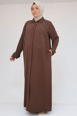 56018 Büyük Beden Taş Baskı Detaylı  Krep Ferace - Kahve