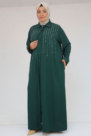 56018 Büyük Beden Taş Baskı Detaylı  Krep Ferace - Zümrüt