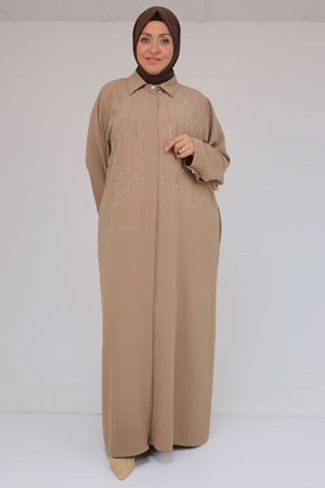 56018 Büyük Beden Taş Baskı Detaylı  Krep Ferace - Bej