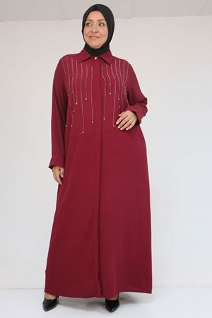 56018 Büyük Beden Taş Baskı Detaylı  Krep Ferace - Bordo
