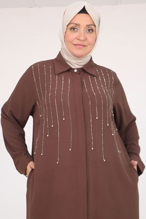 56018 Büyük Beden Taş Baskı Detaylı  Krep Ferace - Kahve