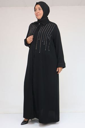56018 Büyük Beden Taş Baskı Detaylı  Krep Ferace - Siyah