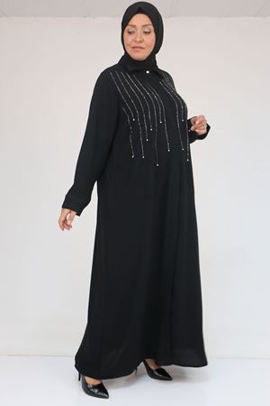 56018 Büyük Beden Taş Baskı Detaylı  Krep Ferace - Siyah
