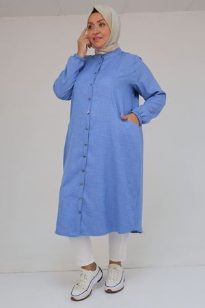 48072 Büyük Beden Kolları Lastikli Tunik - İndigo Kırçıllı