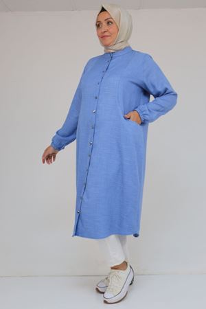 48072 Büyük Beden Kolları Lastikli Tunik - İndigo Kırçıllı