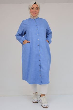 48072 Büyük Beden Kolları Lastikli Tunik - İndigo Kırçıllı