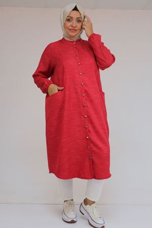 48072 Büyük Beden Kolları Lastikli Tunik - Kırmızı Kırçıllı