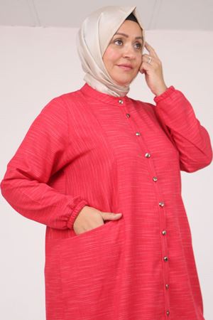 48072 Büyük Beden Kolları Lastikli Tunik - Kırmızı Kırçıllı