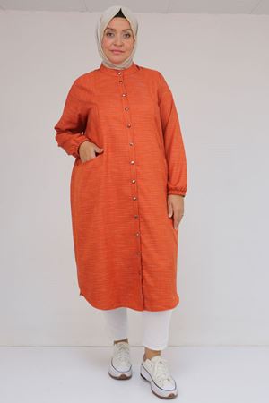 48072  Büyük Beden Kolları Lastikli Tunik - Kiremit Kırçıllı