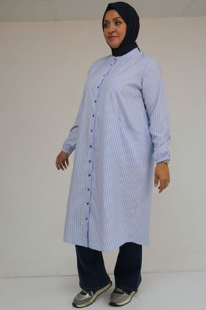 48072-1 Büyük Beden Kolları Lastikli Tunik - Çizgili Mavi