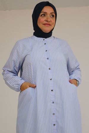 48072-1 Büyük Beden Kolları Lastikli Tunik - Çizgili Mavi