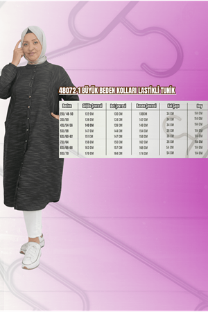 48072  Büyük Beden Kolları Lastikli Tunik - Siyah Kırçıllı